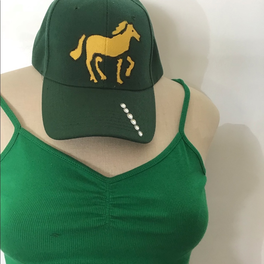 Green 6 Panel Baseball Cap,Hand Painted Horse.